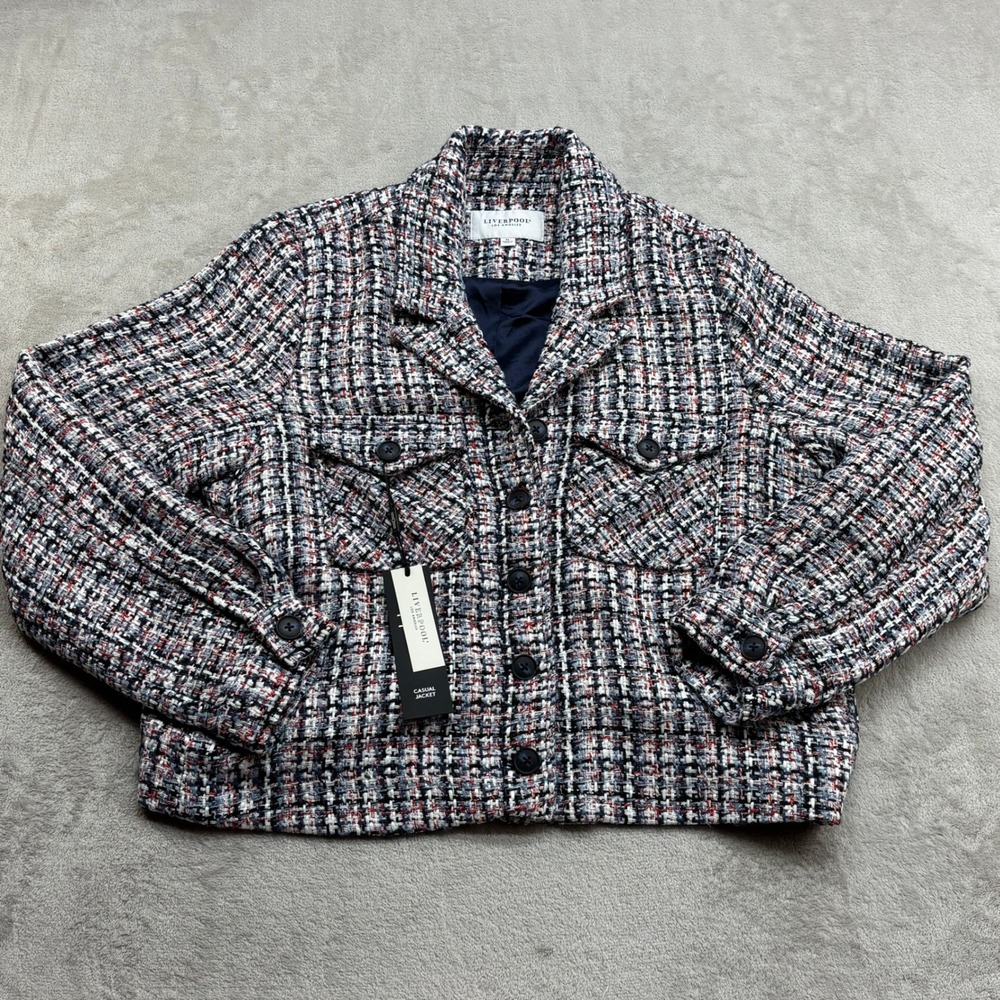 Liverpool Casual Blazer Jacket Women XL Navy Multi Plaid Tweed Button Front Chic